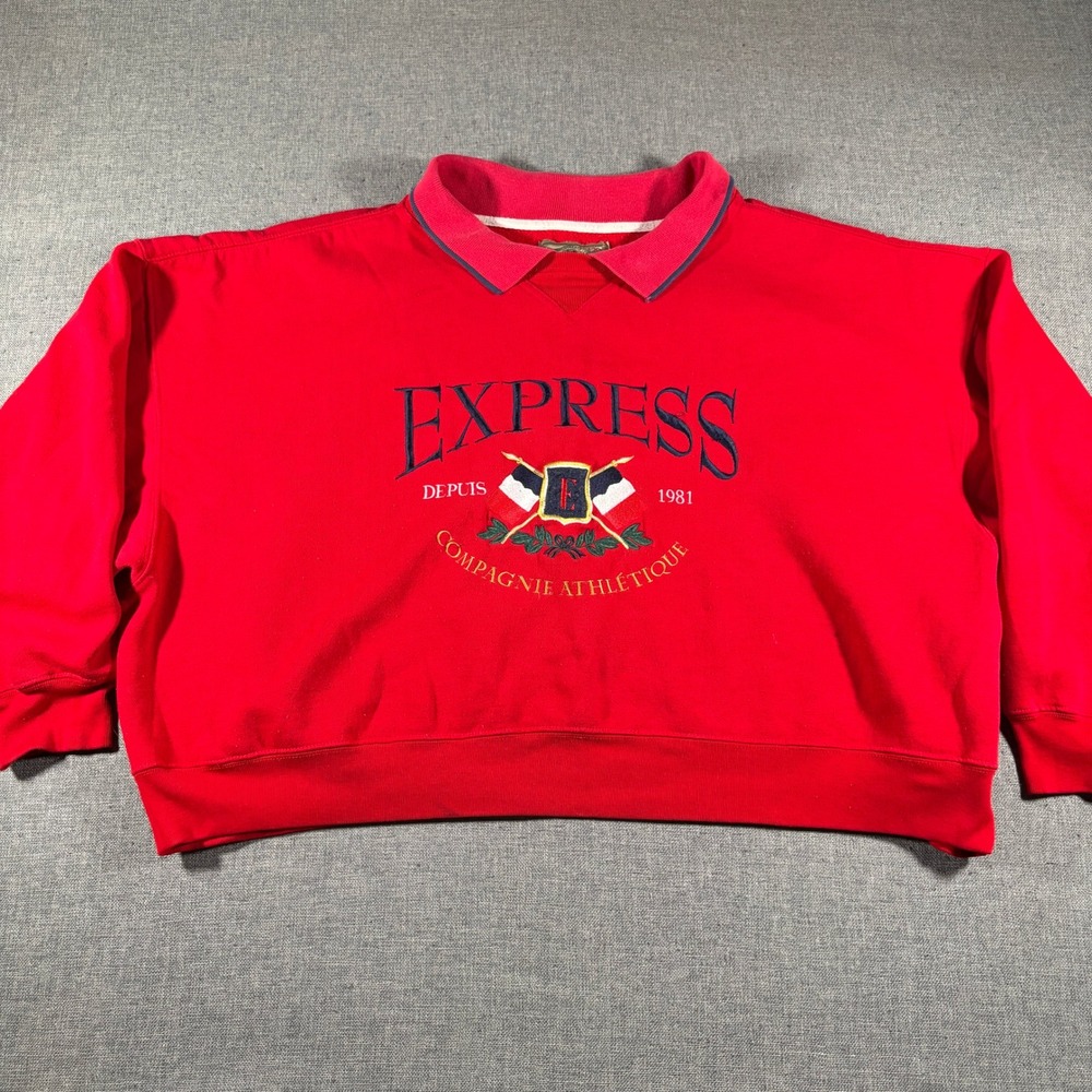 Vintage 90s Express Rugby Sweatshirt Mens XL Red Embroidered Crest Boxy Cropped
